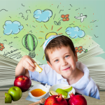 A young boy eating apples and honey in celebration of Rosh Hashanah